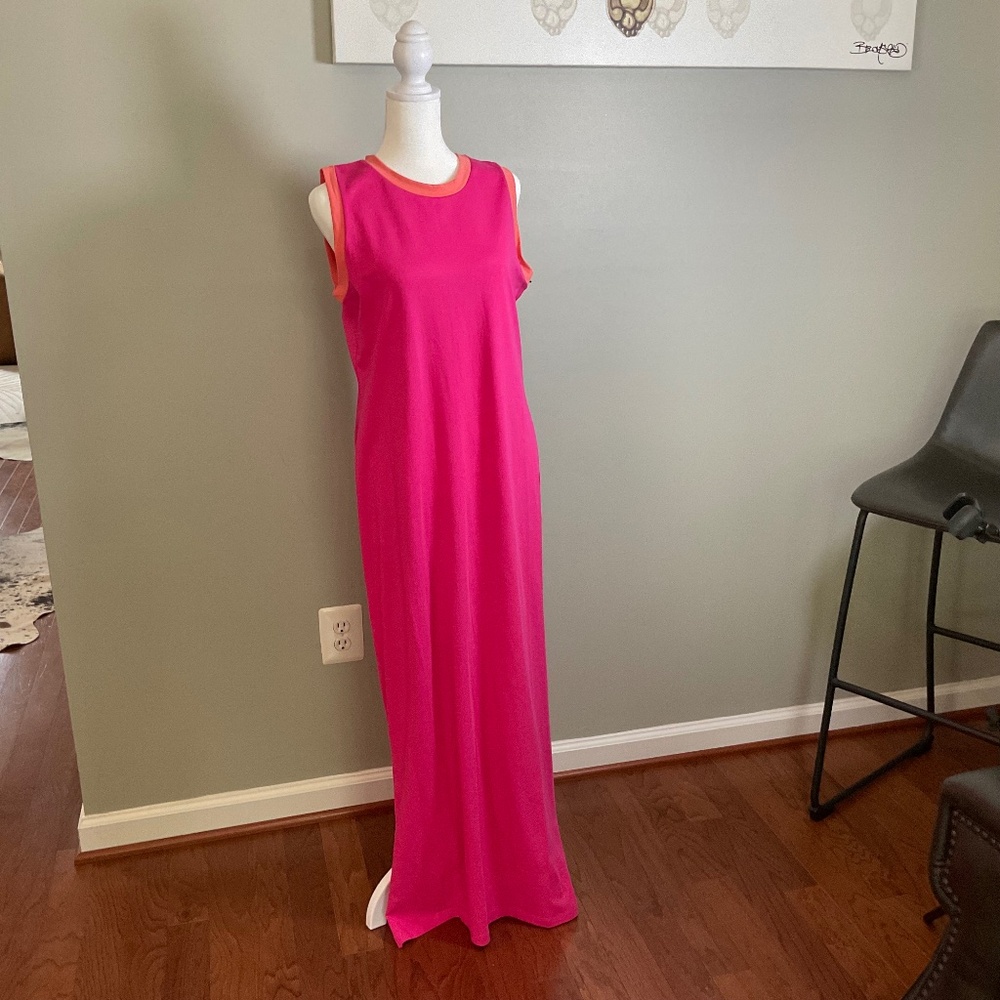 CLAVIN KLEIN; PINK AND ORANGE SLEEVELESS MAXI DRESS; SIZE M